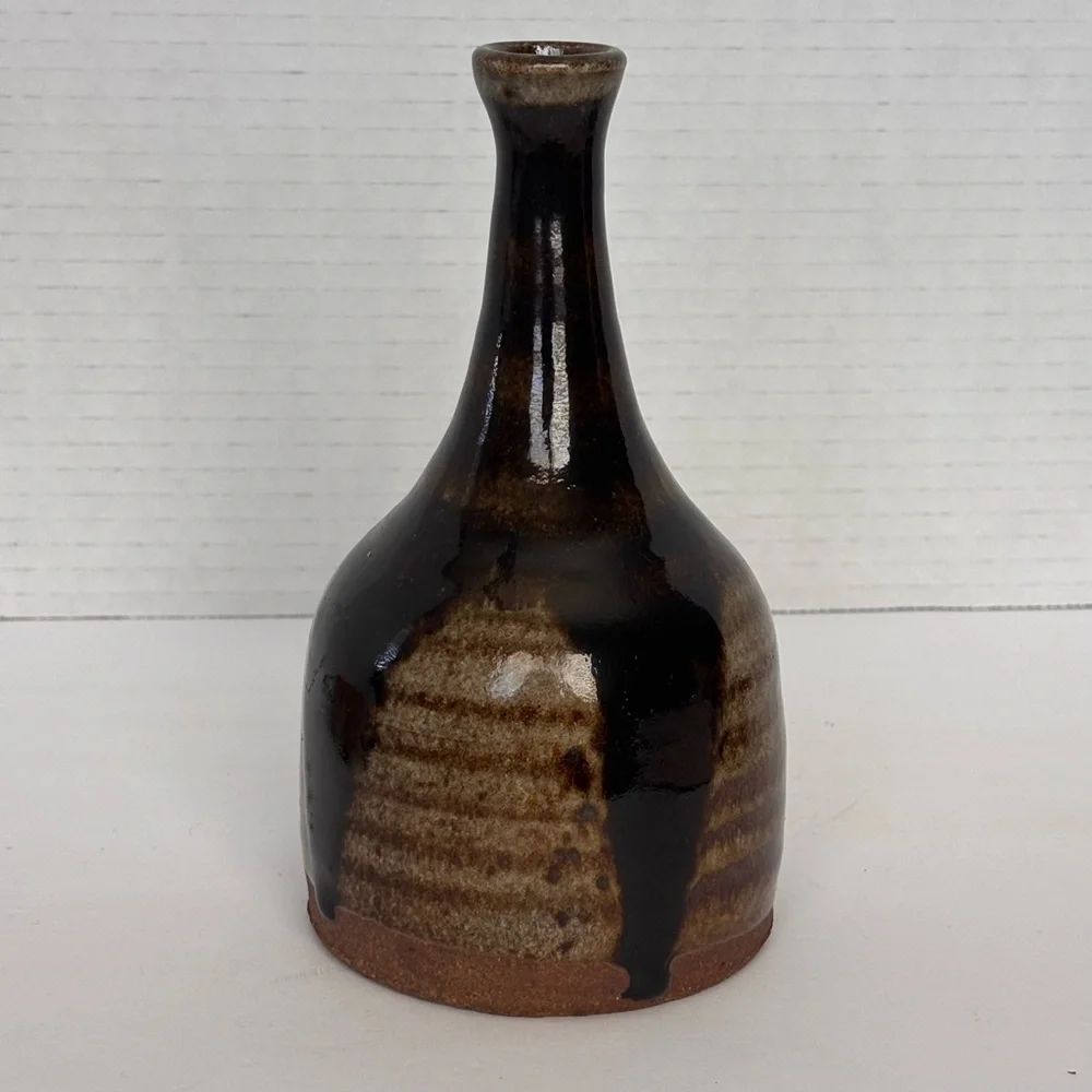 VTG, MCM, Hand Thrown Pottery, Bud Vase, Drip Glazed, Signed By Artist 6.5”